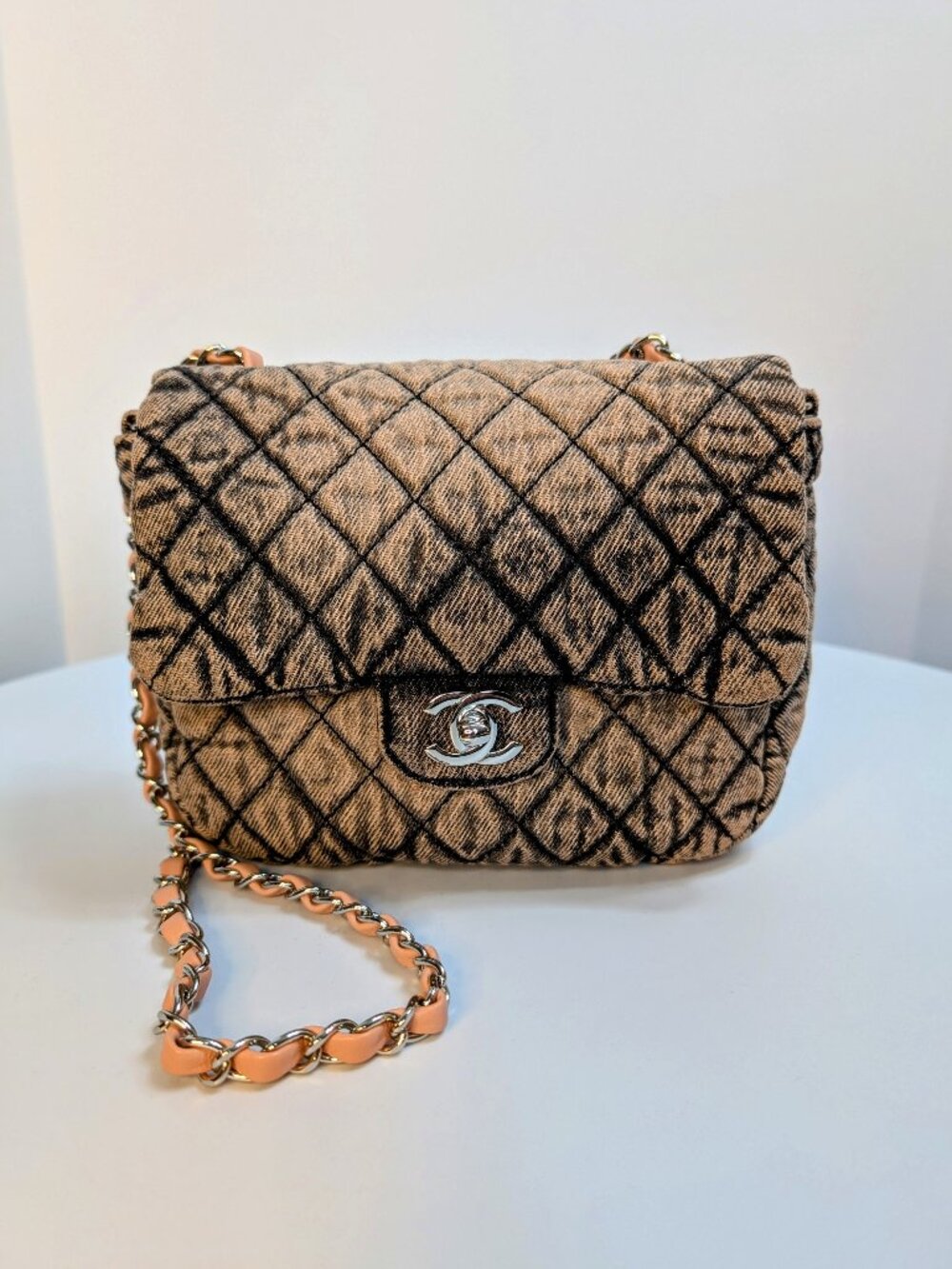 Chanel Black Pink Peach Acid-Washed Denim Classic Medium Flap Bag